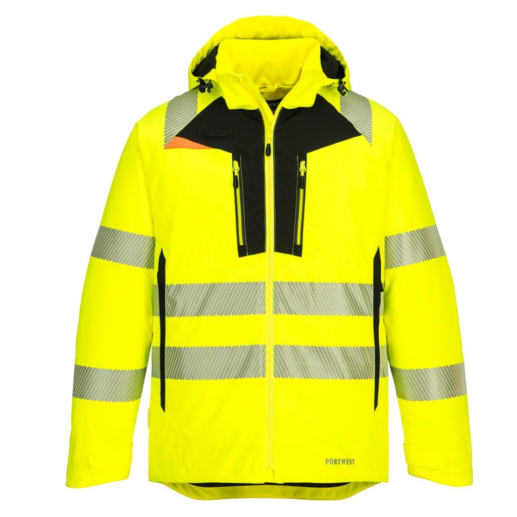 A high-visibility yellow jacket featuring retroreflective tape panels, suitable for a wide range of outdoor and site work applications.