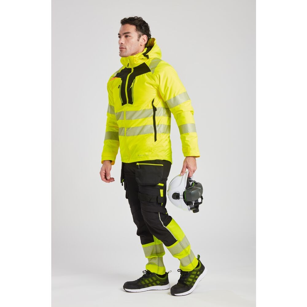 A high-visibility yellow jacket featuring retroreflective tape panels, suitable for a wide range of outdoor and site work applications.