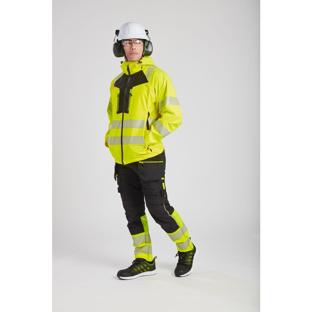 A high-visibility yellow waterproof jacket featuring retroreflective tape panels, suitable for a wide range of outdoor and site work applications.