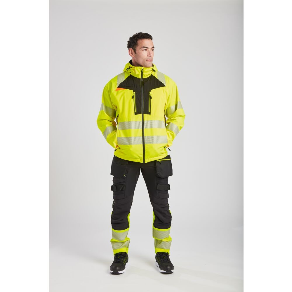 A high-visibility yellow waterproof jacket featuring retroreflective tape panels, suitable for a wide range of outdoor and site work applications.