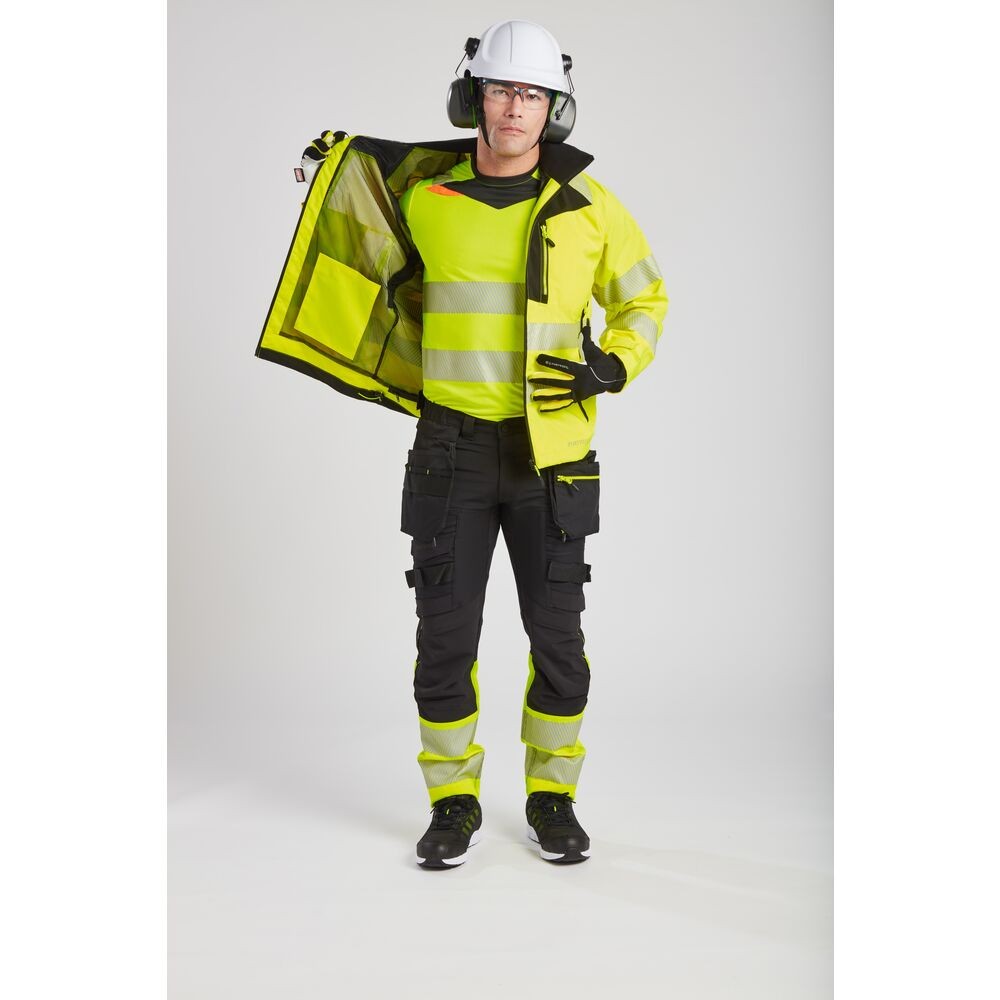 A high-visibility yellow waterproof jacket featuring retroreflective tape panels, suitable for a wide range of outdoor and site work applications.