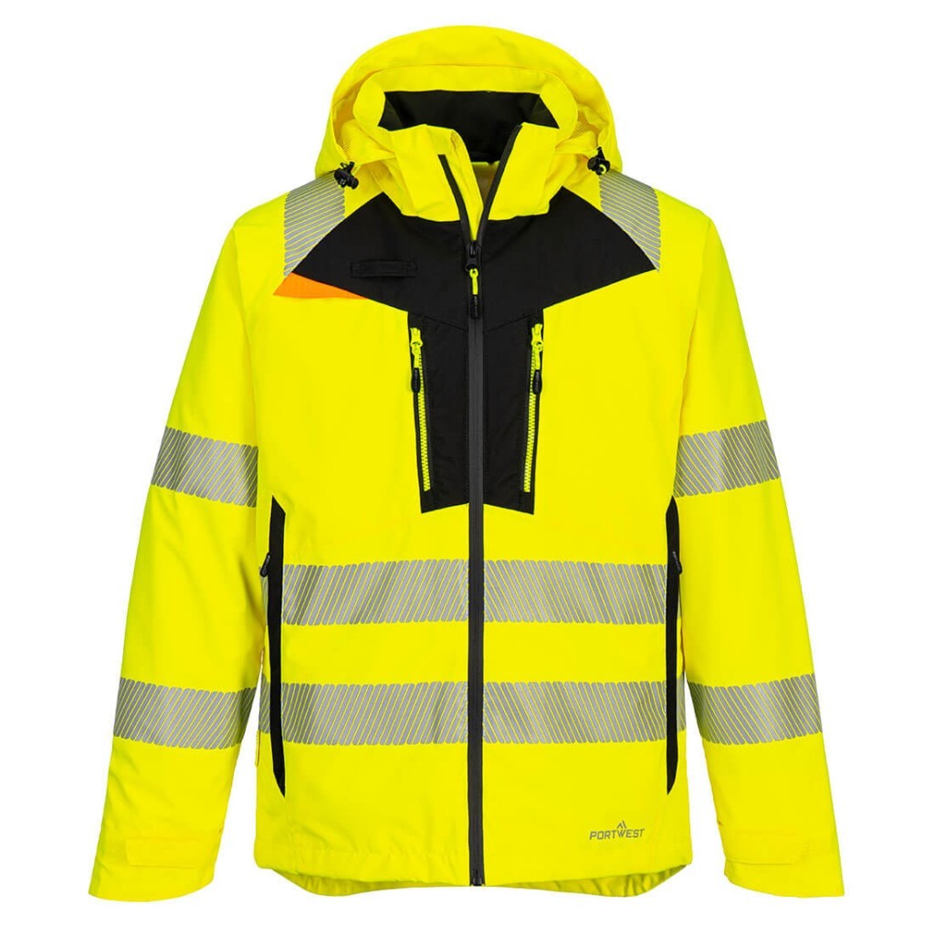A high-visibility yellow waterproof jacket featuring retroreflective tape panels, suitable for a wide range of outdoor and site work applications.