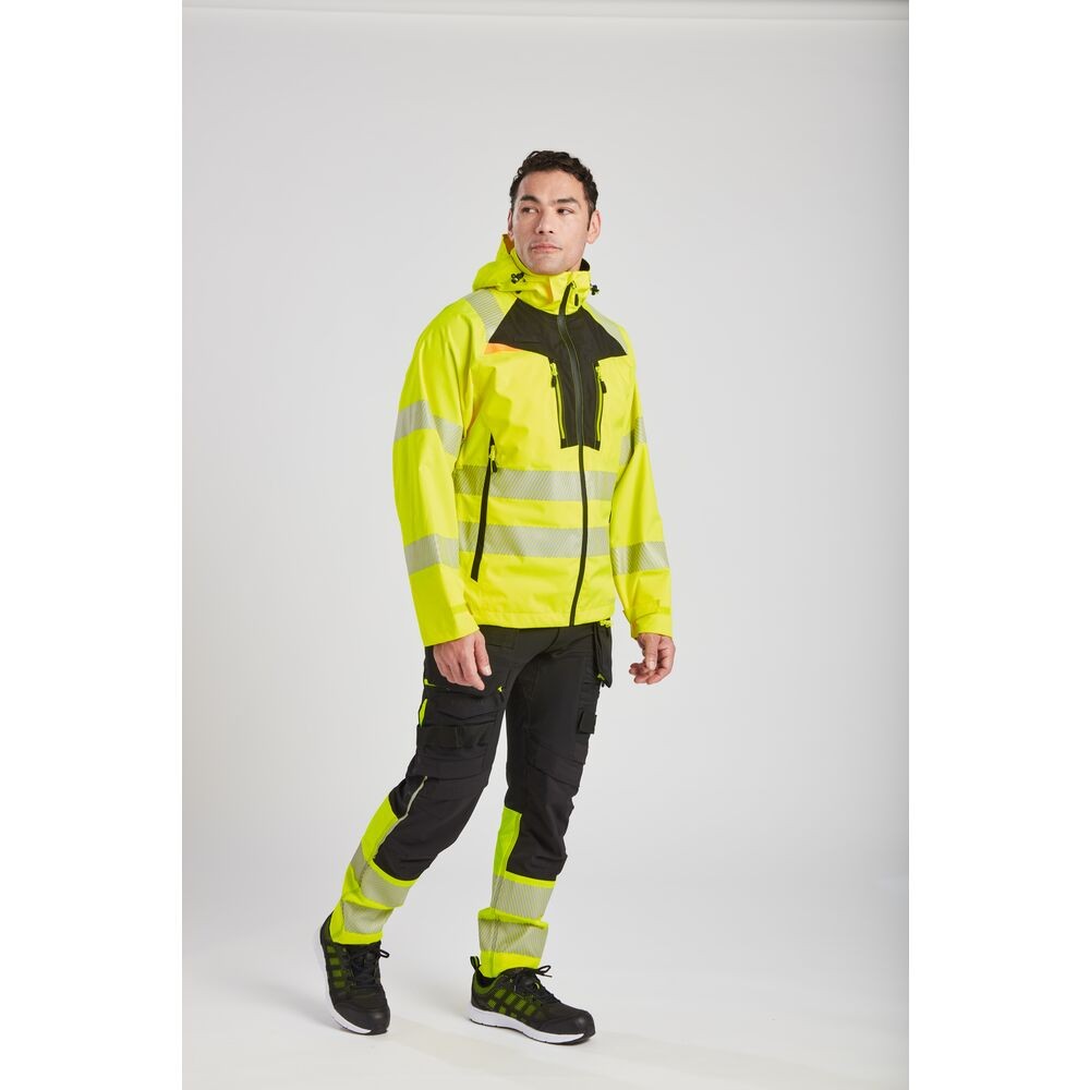 A high-visibility yellow waterproof jacket featuring retroreflective tape panels, suitable for a wide range of outdoor and site work applications.