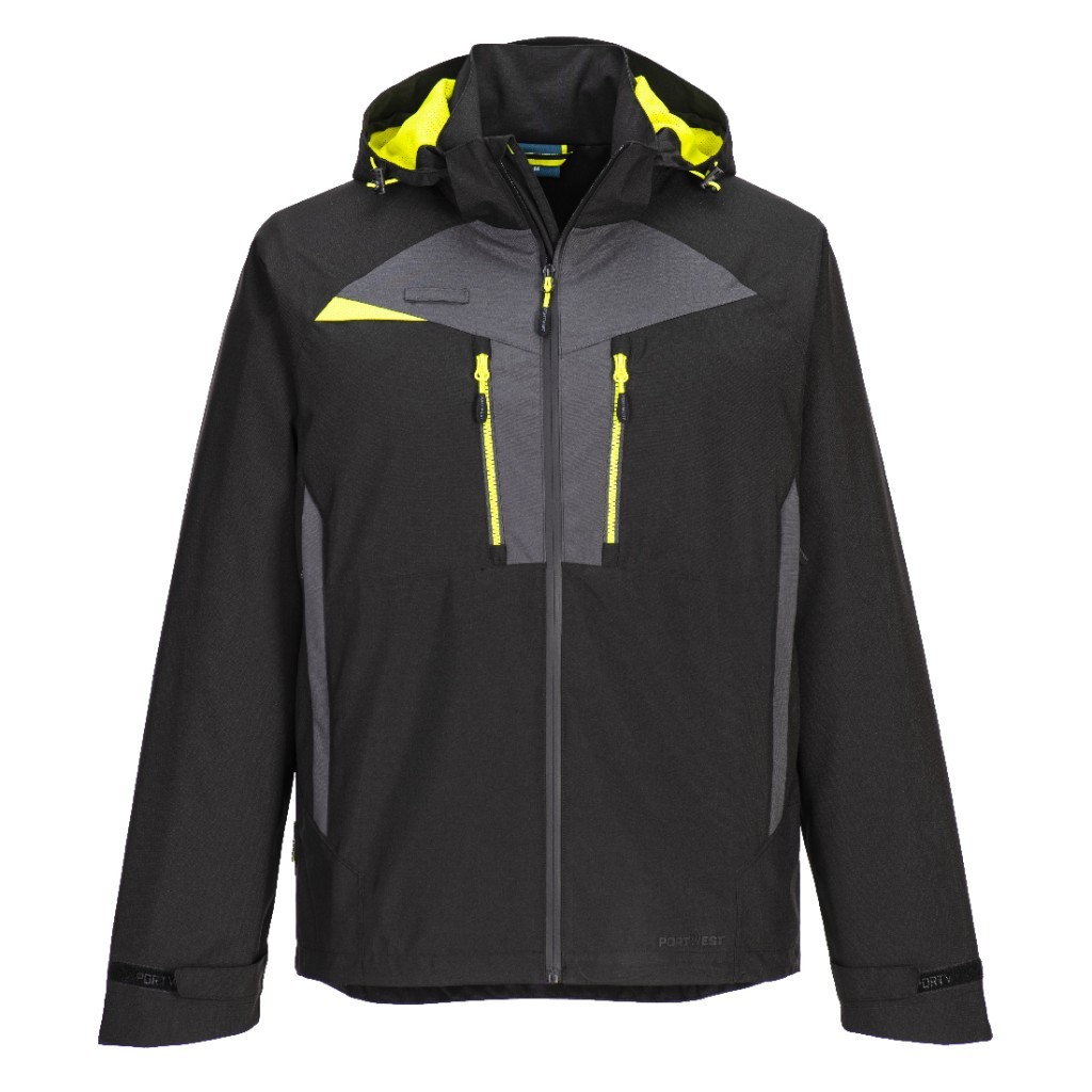 A black waterproof jacket designed for use on construction sites and in industrial work environments.,