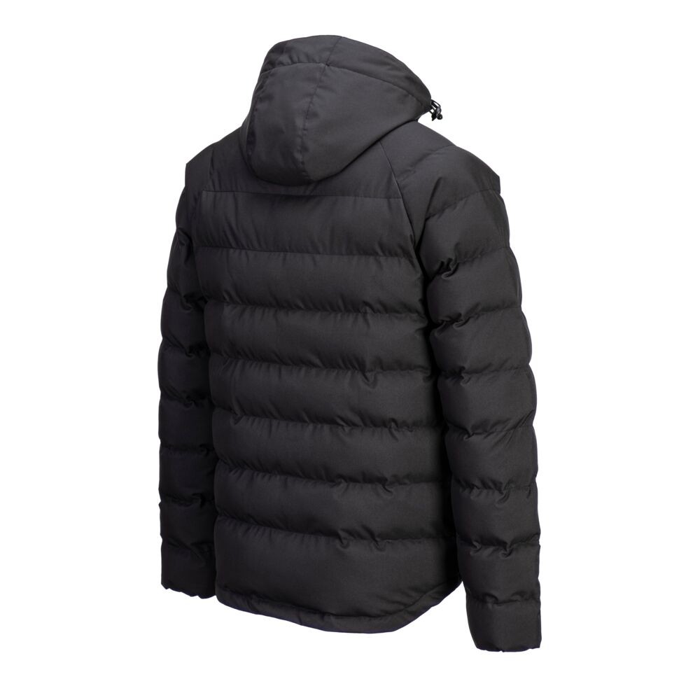 A black padded jacket featuring a warm thermal lining, suitable for a wide range of outdoor and site work applications.