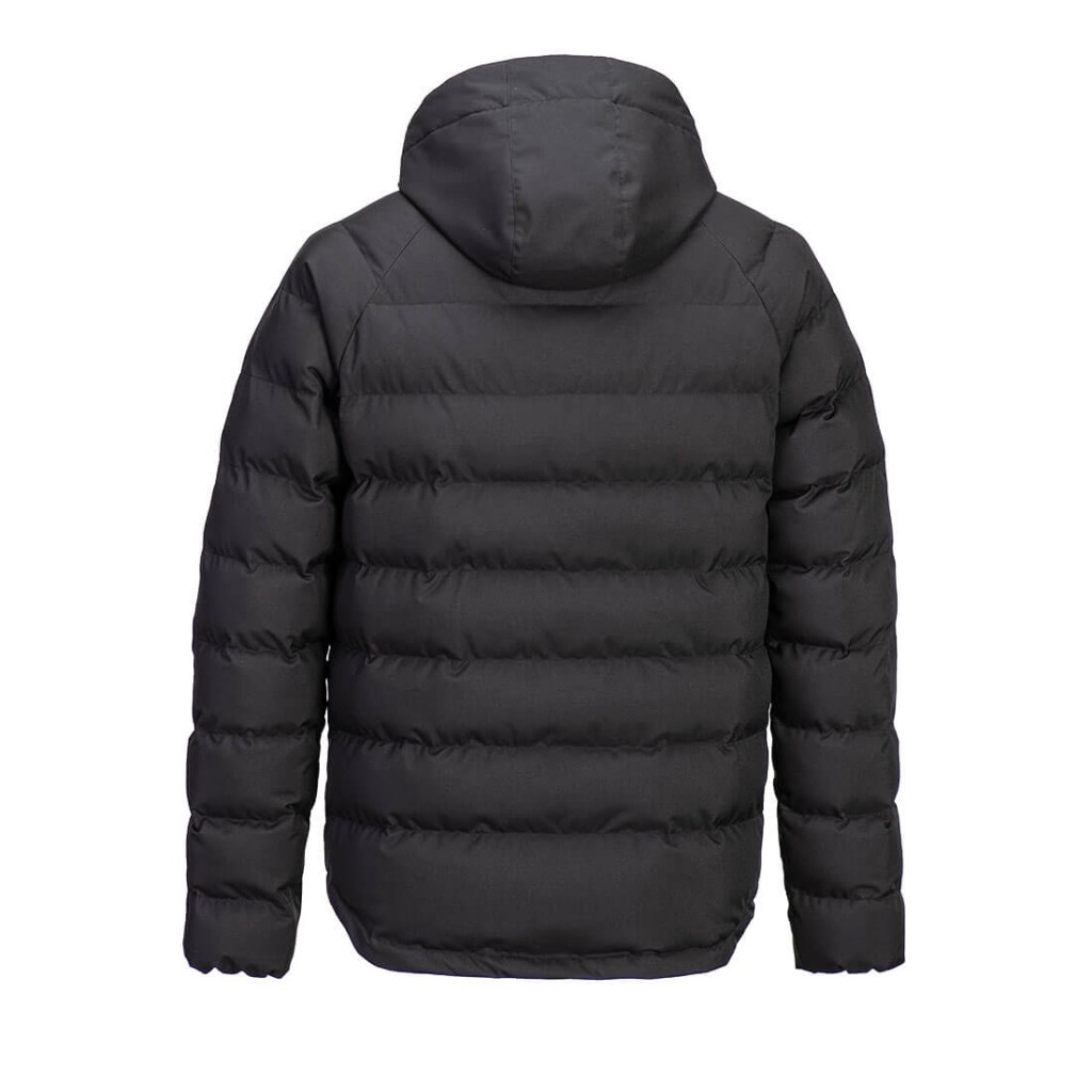 A black padded jacket featuring a warm thermal lining, suitable for a wide range of outdoor and site work applications.