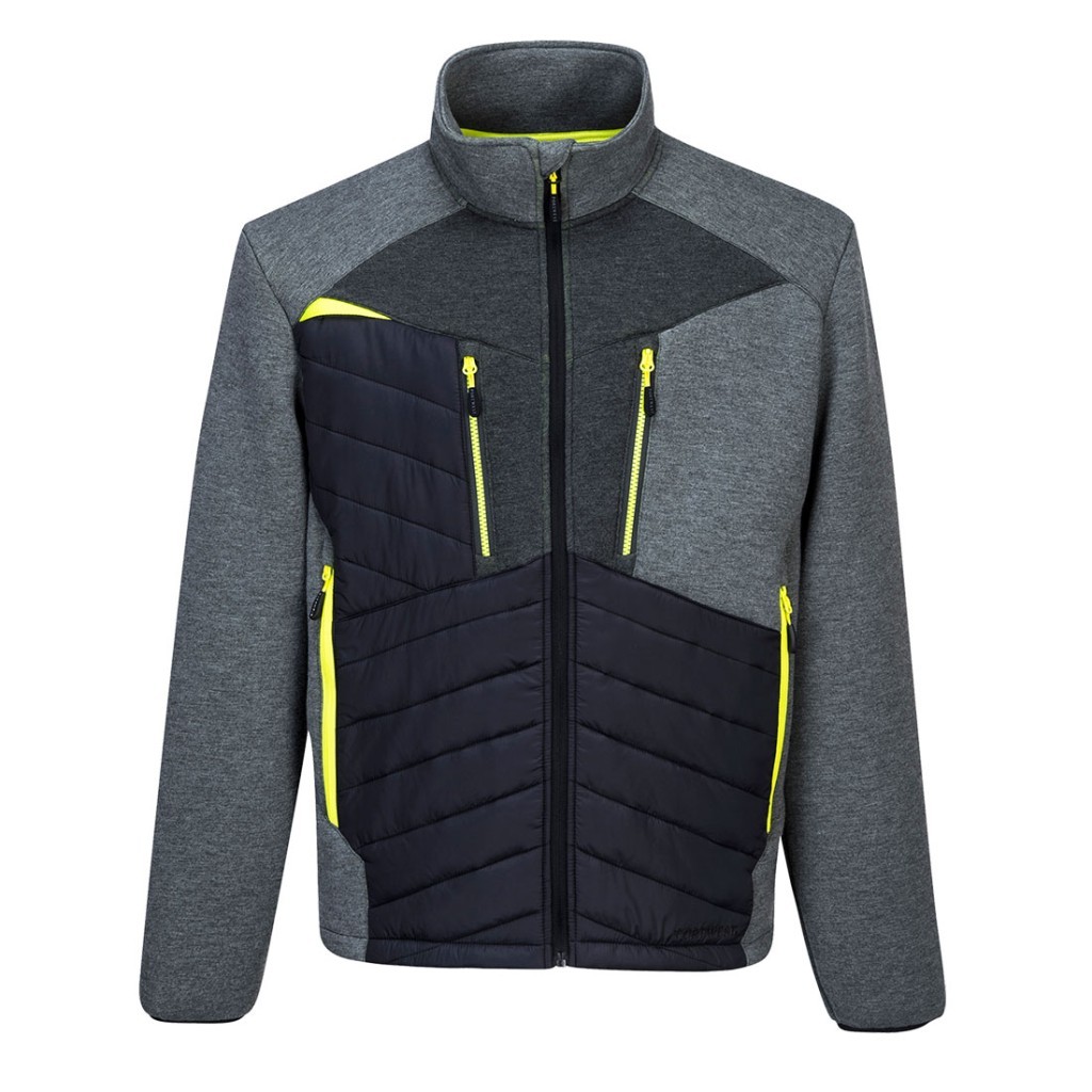 A grey jacket designed for use on construction sites and in industrial work environments.,