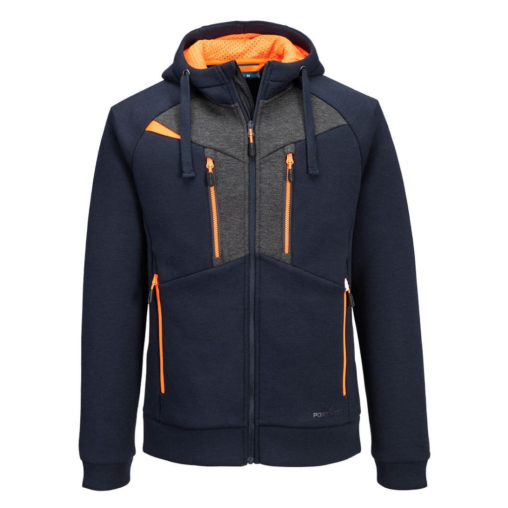 A navy blue sweatshirt featuring a full-length zip front, suitable for a wide range of outdoor and site work applications.
