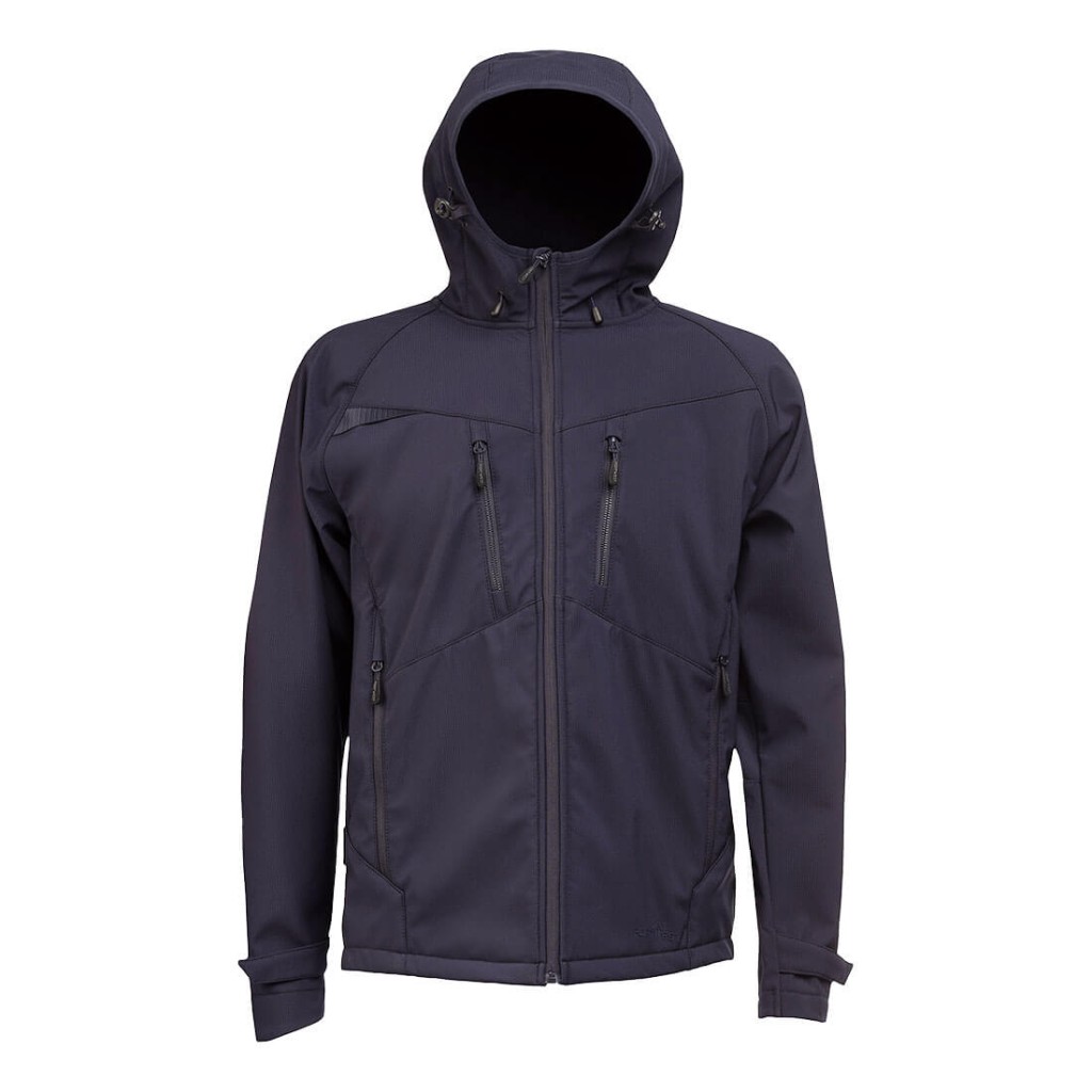 A navy blue softshell jacket designed for use on construction sites and in industrial work environments.,