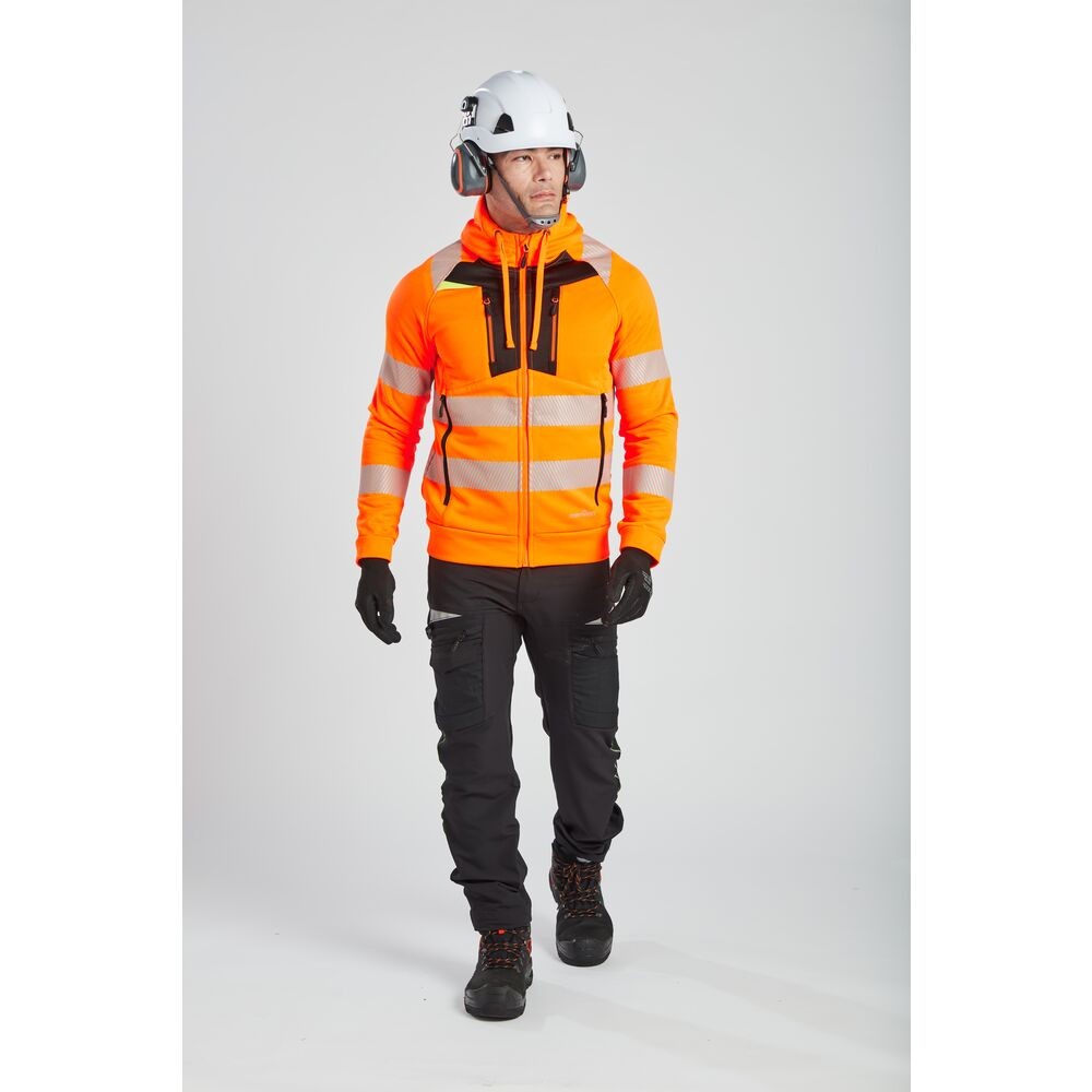A high-visibility orange work shirt featuring retroreflective tape panels, a full-length zip front, suitable for a wide range of outdoor and site work applications.