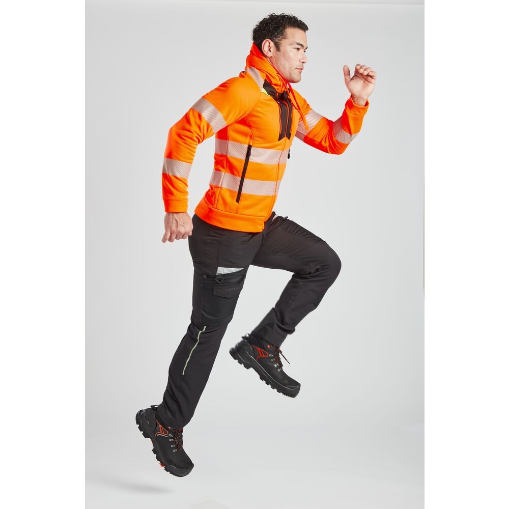 A high-visibility orange work shirt featuring retroreflective tape panels, a full-length zip front, suitable for a wide range of outdoor and site work applications.