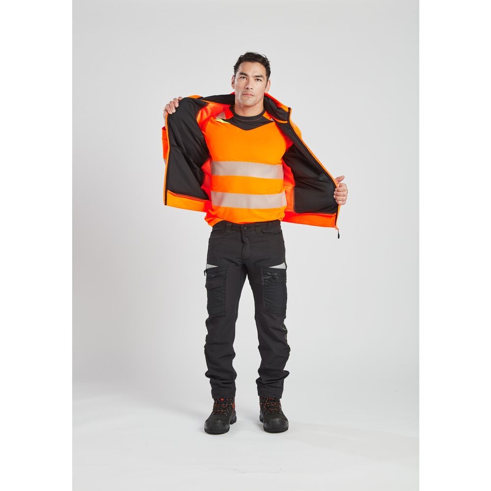 A high-visibility orange work shirt featuring retroreflective tape panels, a full-length zip front, suitable for a wide range of outdoor and site work applications.