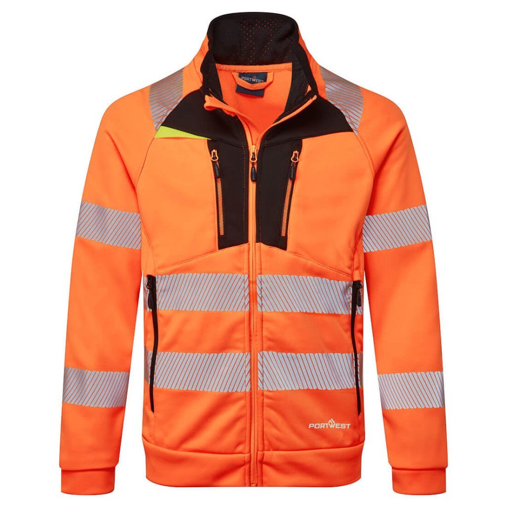 A high-visibility orange work shirt featuring retroreflective tape panels, a full-length zip front, suitable for a wide range of outdoor and site work applications.