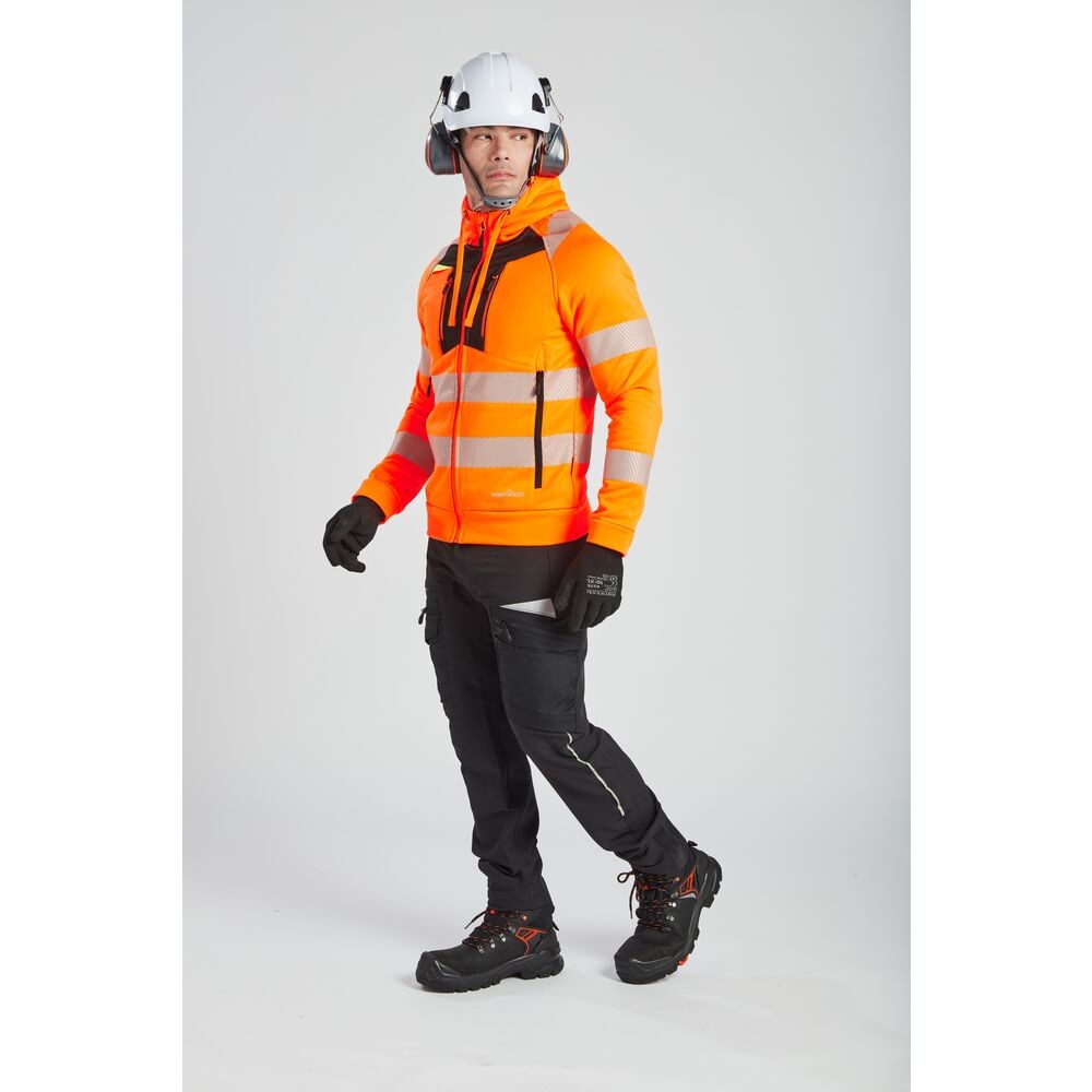 A high-visibility orange work shirt featuring retroreflective tape panels, a full-length zip front, suitable for a wide range of outdoor and site work applications.