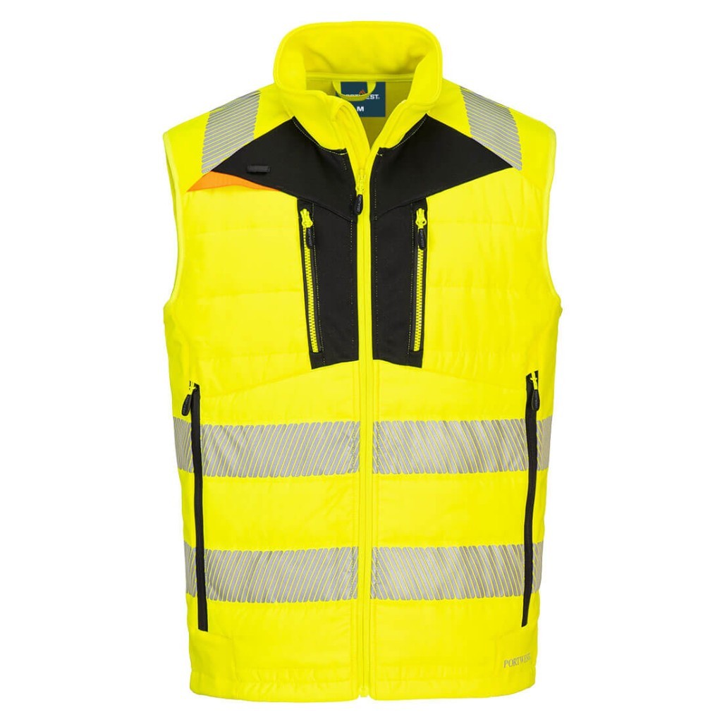 A high-visibility yellow workwear garment featuring retroreflective tape panels, suitable for a wide range of outdoor and site work applications.
