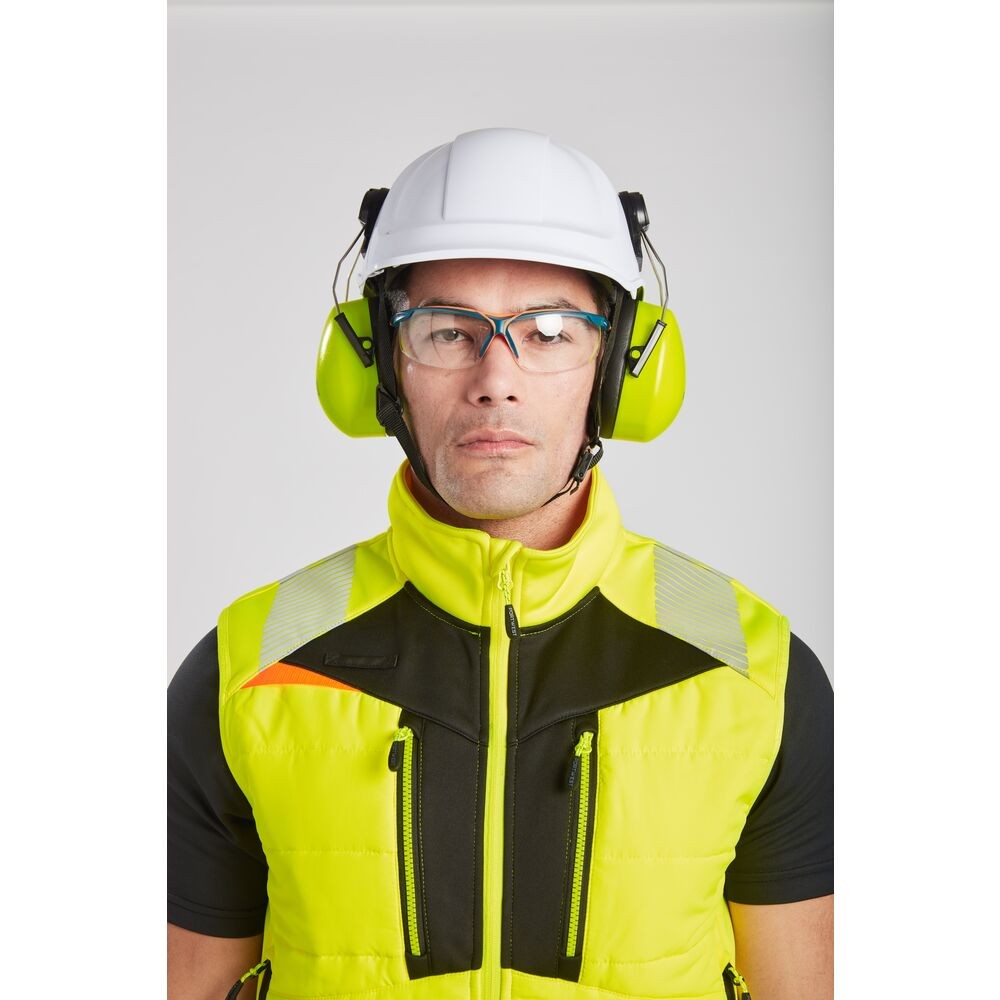 A high-visibility yellow workwear garment featuring retroreflective tape panels, suitable for a wide range of outdoor and site work applications.