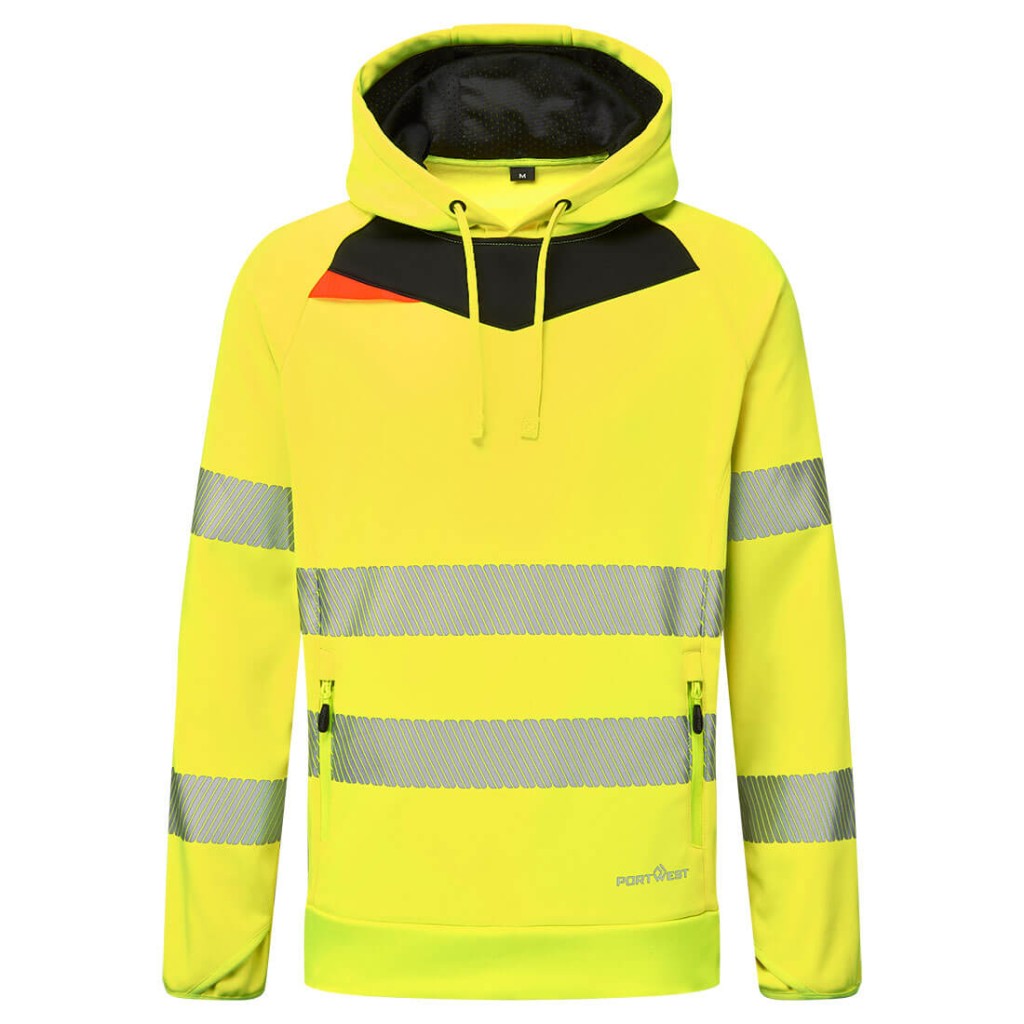 A high-visibility yellow sweatshirt featuring retroreflective tape panels, suitable for a wide range of outdoor and site work applications.