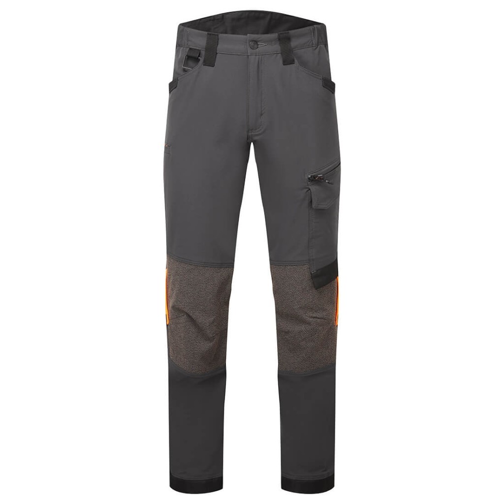 A pair of grey work trousers featuring stretch panels for ease of movement, suitable for a wide range of outdoor and site work applications.