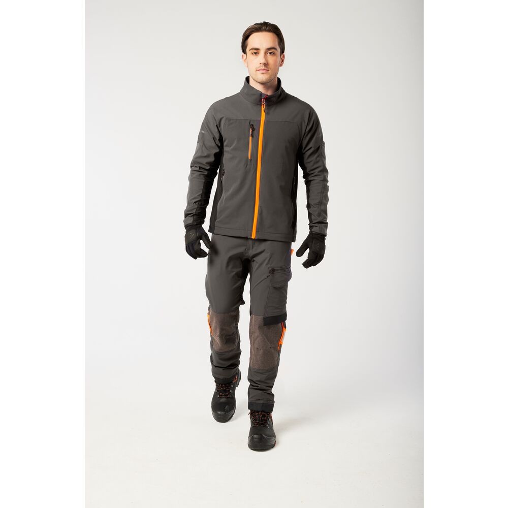A pair of grey work trousers featuring stretch panels for ease of movement, suitable for a wide range of outdoor and site work applications.