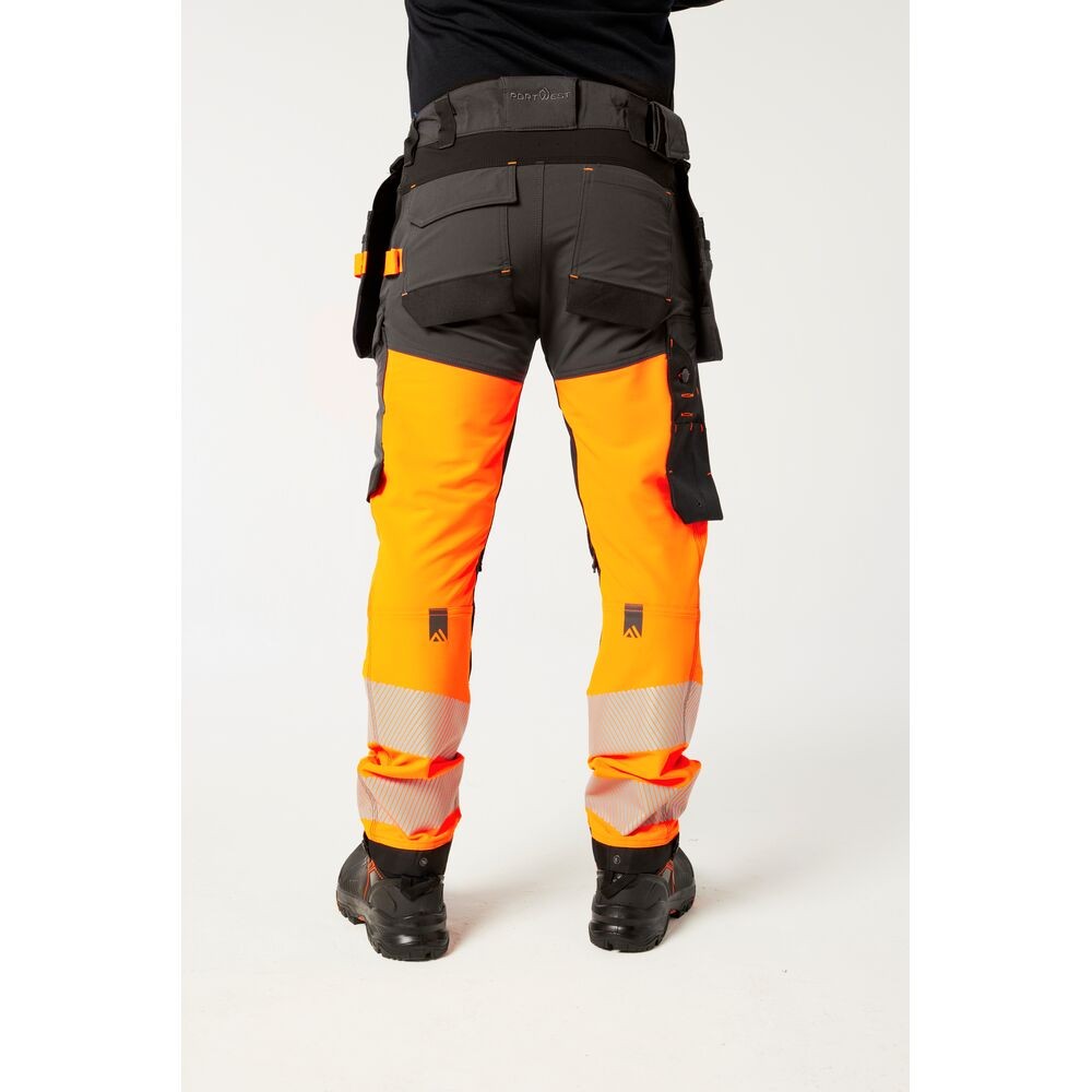 A pair of high-visibility orange trousers featuring retroreflective tape panels, stretch panels for ease of movement, suitable for a wide range of outdoor and site work applications.