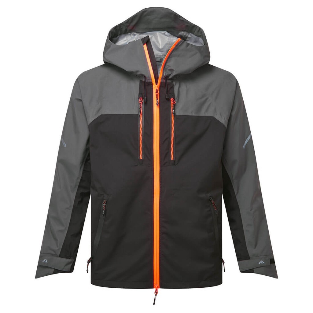 A grey jacket designed for use on construction sites and in industrial work environments.,