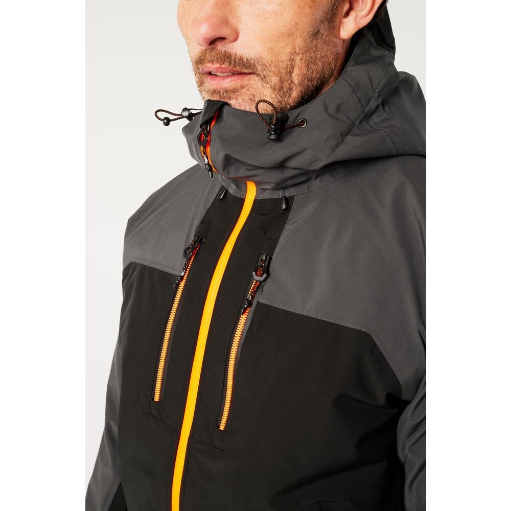 A grey jacket designed for use on construction sites and in industrial work environments.,