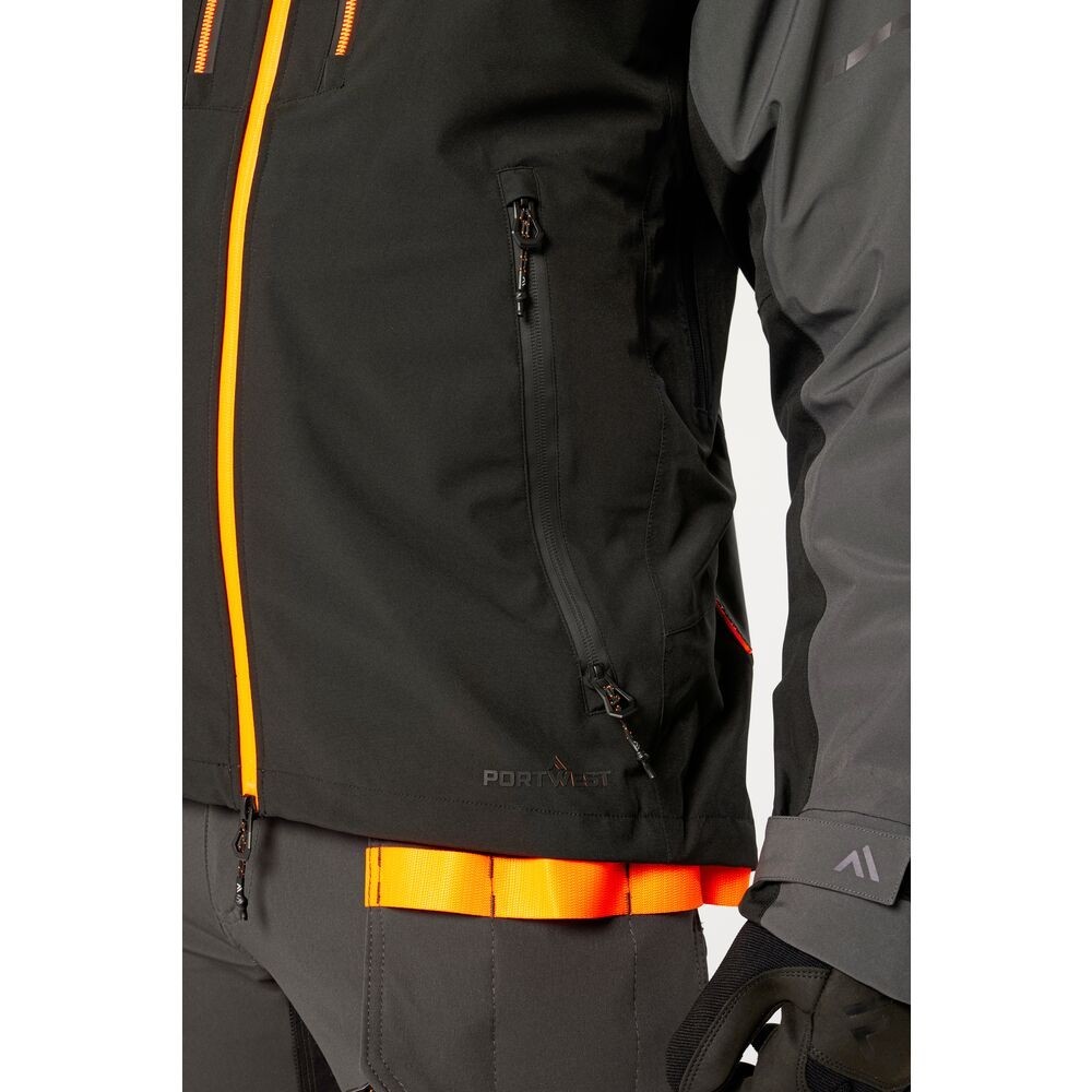 A grey jacket designed for use on construction sites and in industrial work environments.,