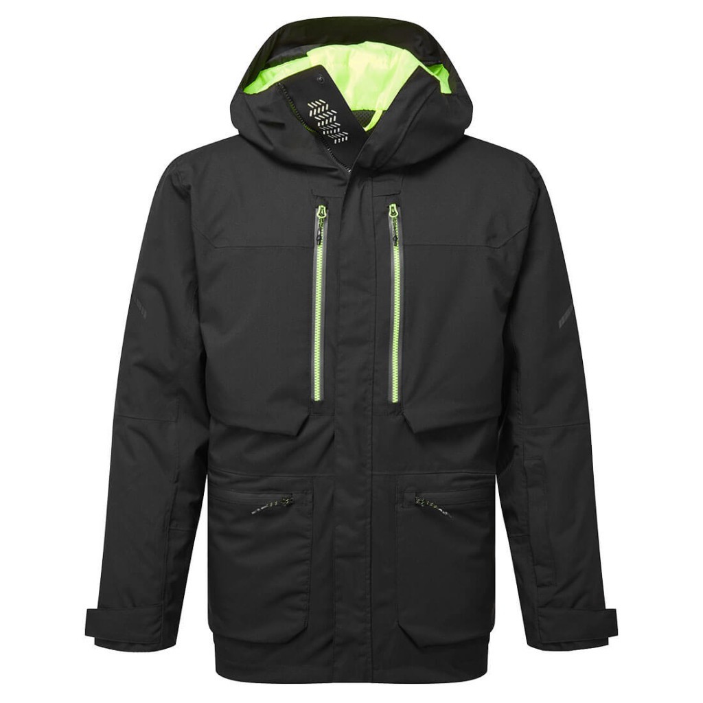 A black jacket designed for use on construction sites and in industrial work environments.,