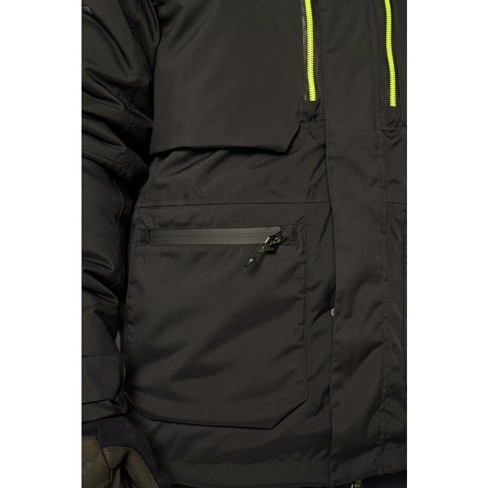 A black jacket designed for use on construction sites and in industrial work environments.,