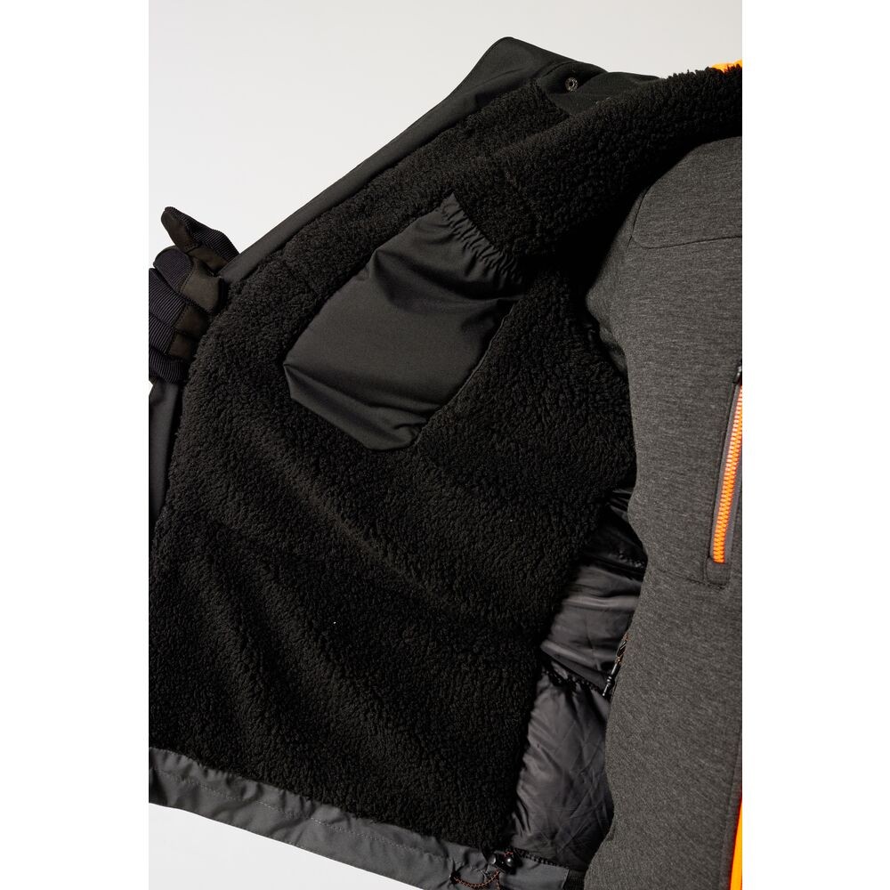 A grey jacket designed for use on construction sites and in industrial work environments.,