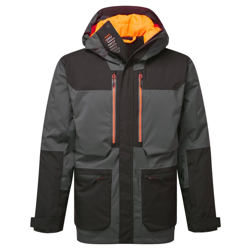 A grey jacket designed for use on construction sites and in industrial work environments.,