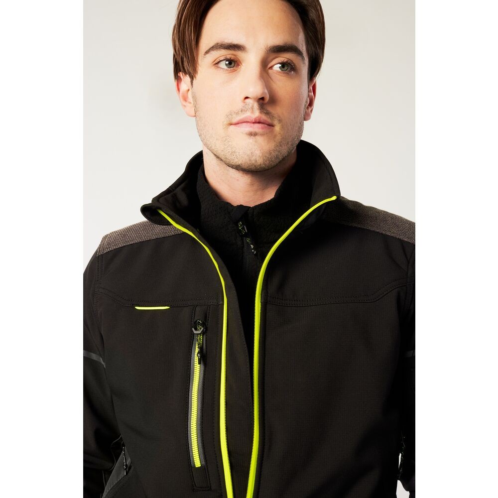 A black softshell jacket designed for use on construction sites and in industrial work environments.,