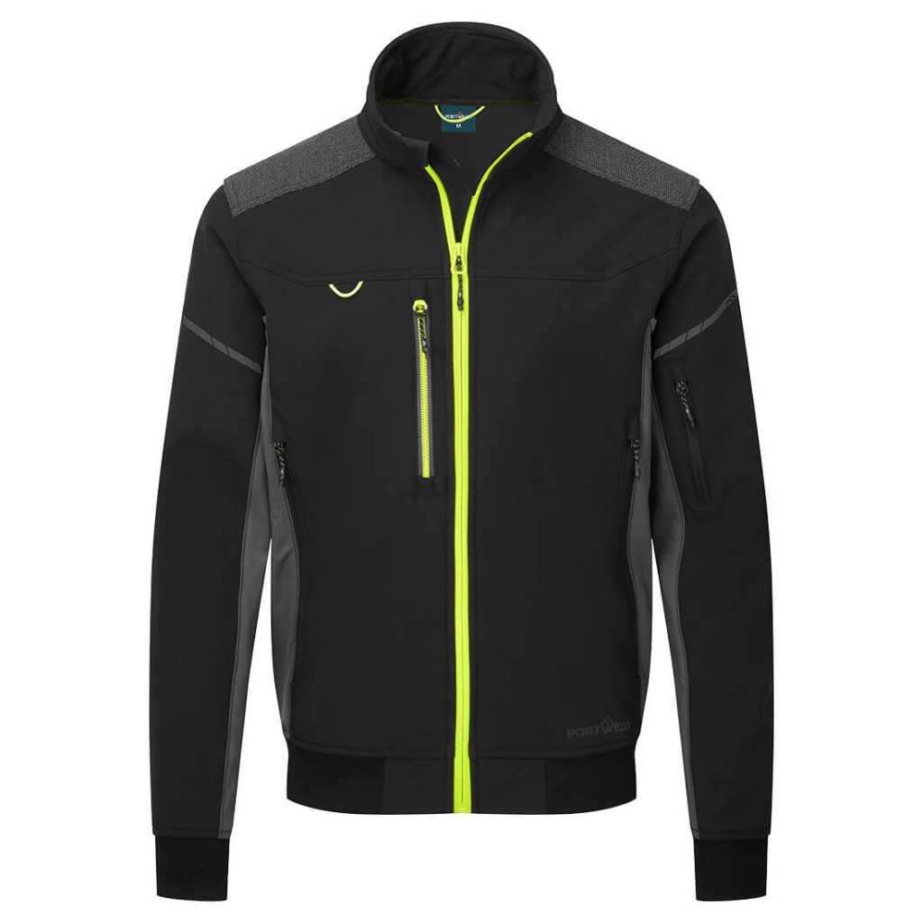 A black softshell jacket designed for use on construction sites and in industrial work environments.,