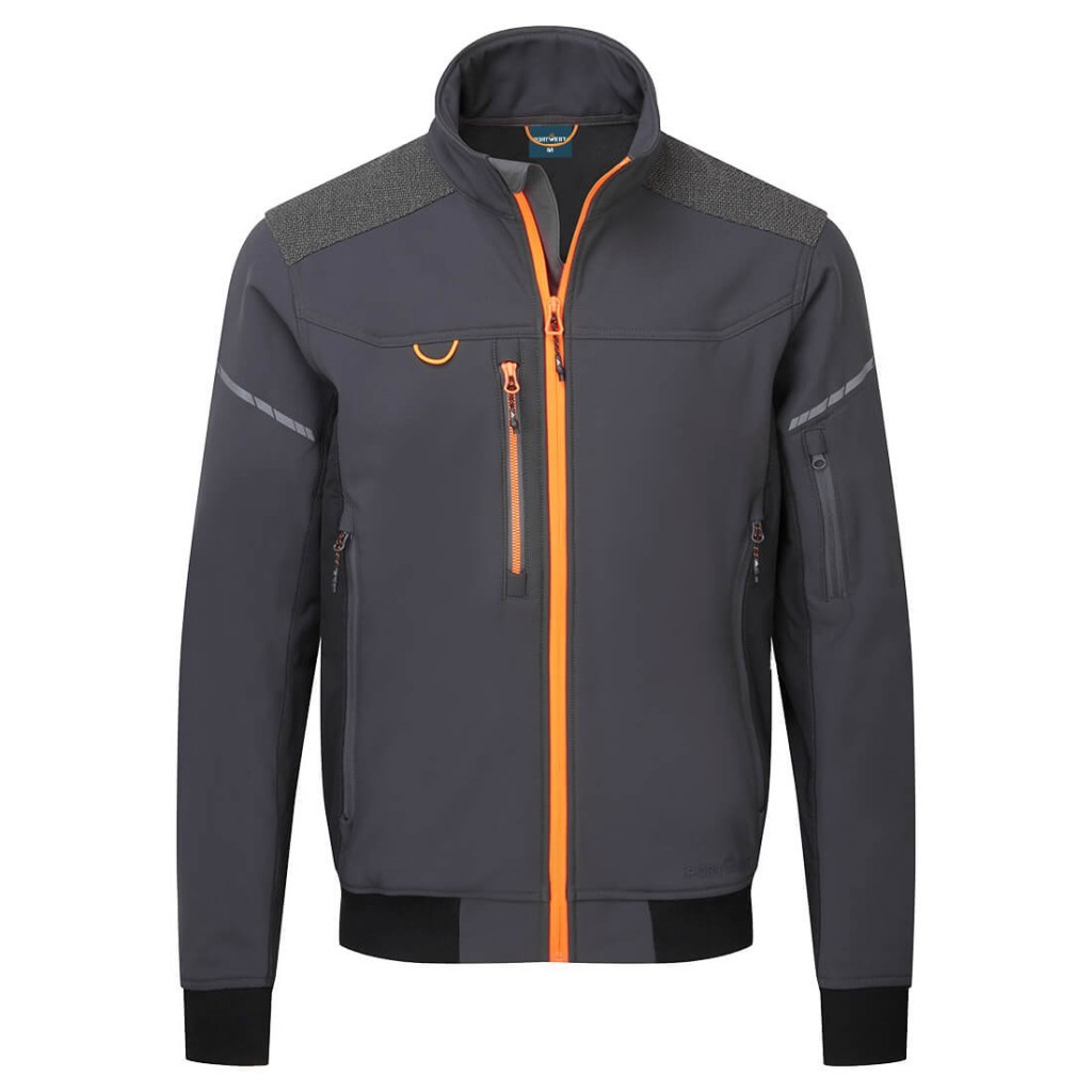 A grey softshell jacket designed for use on construction sites and in industrial work environments.,