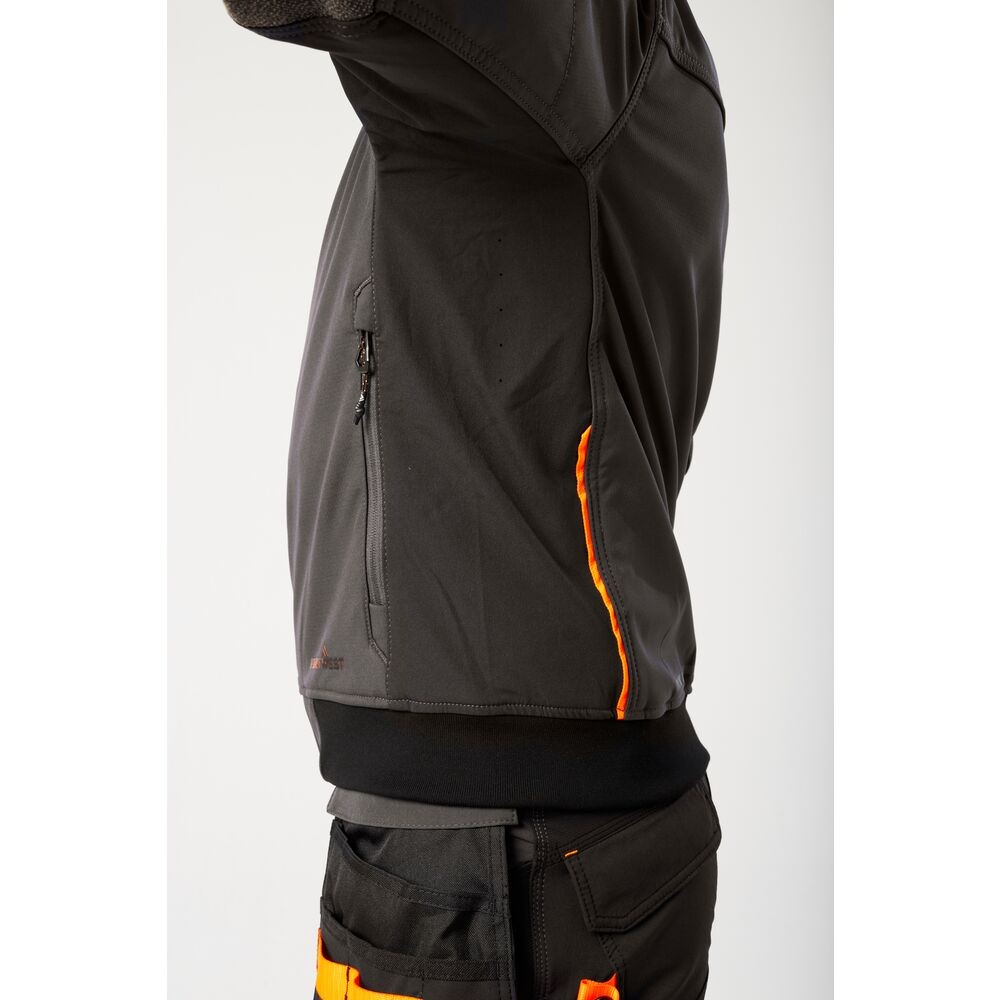 A grey softshell jacket designed for use on construction sites and in industrial work environments.,