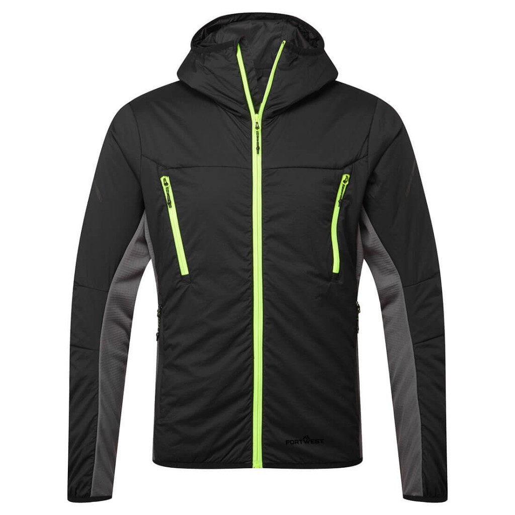 A black padded jacket featuring a warm thermal lining, suitable for a wide range of outdoor and site work applications.