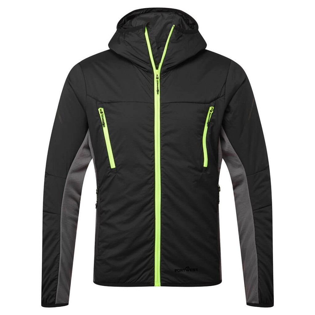 A black padded jacket featuring a warm thermal lining, suitable for a wide range of outdoor and site work applications.
