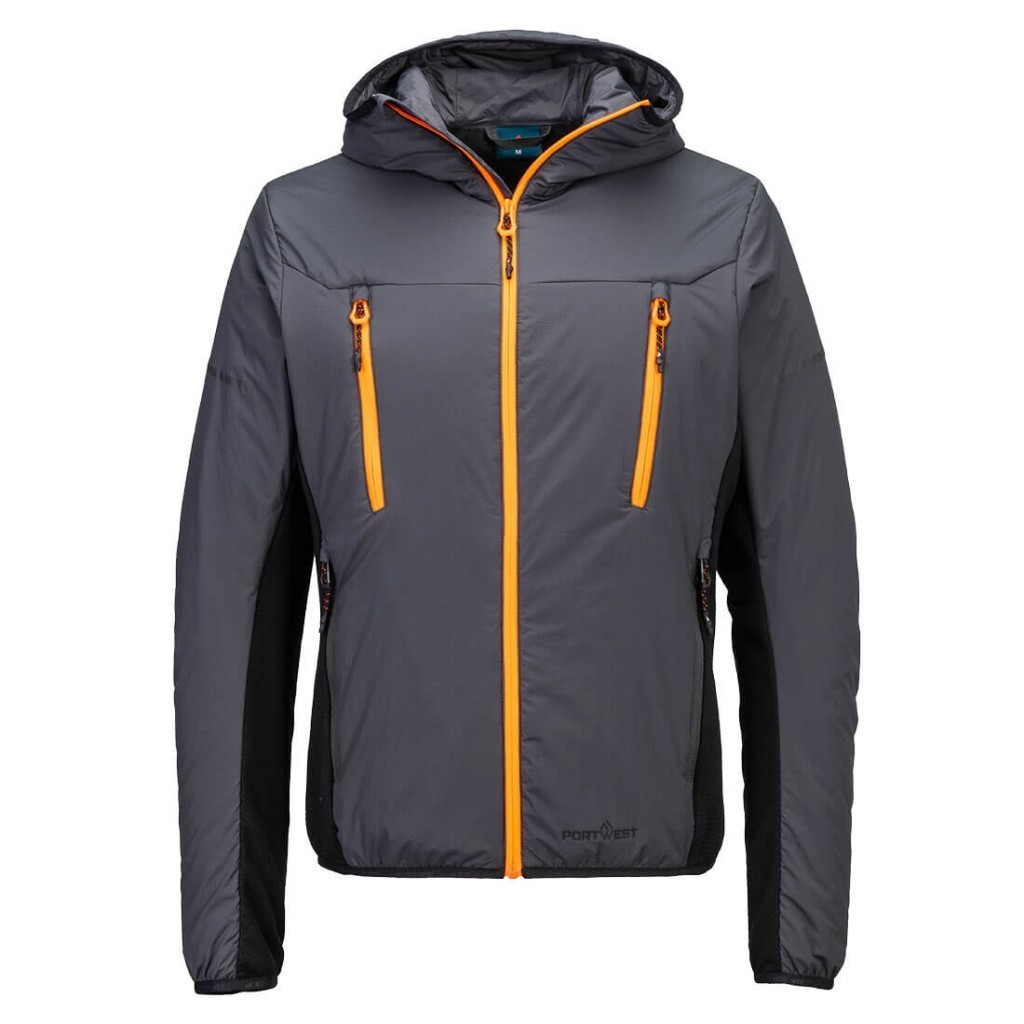 A grey padded jacket featuring a warm thermal lining, suitable for a wide range of outdoor and site work applications.