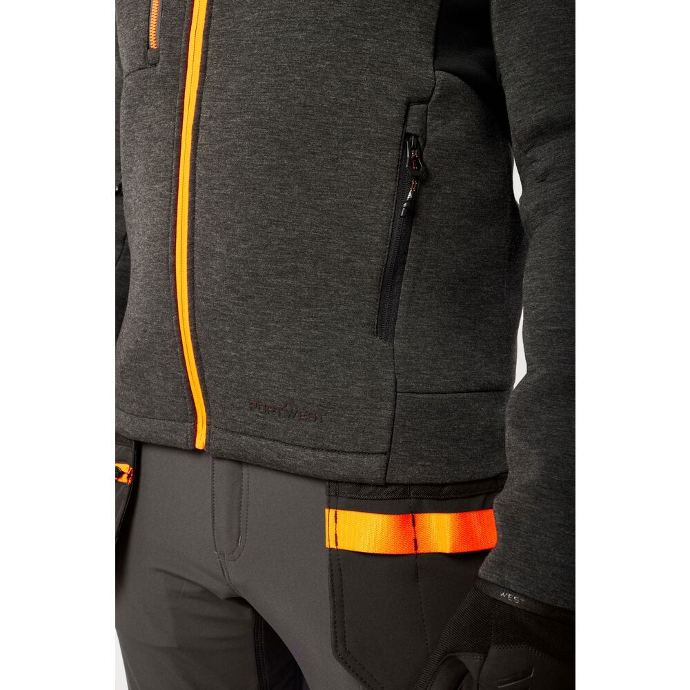 A grey workwear garment designed for use on construction sites and in industrial work environments.,