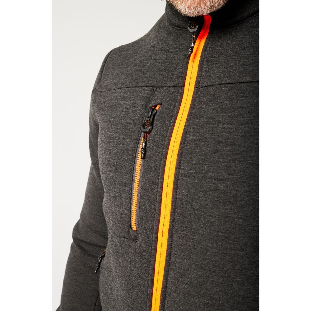 A grey workwear garment designed for use on construction sites and in industrial work environments.,