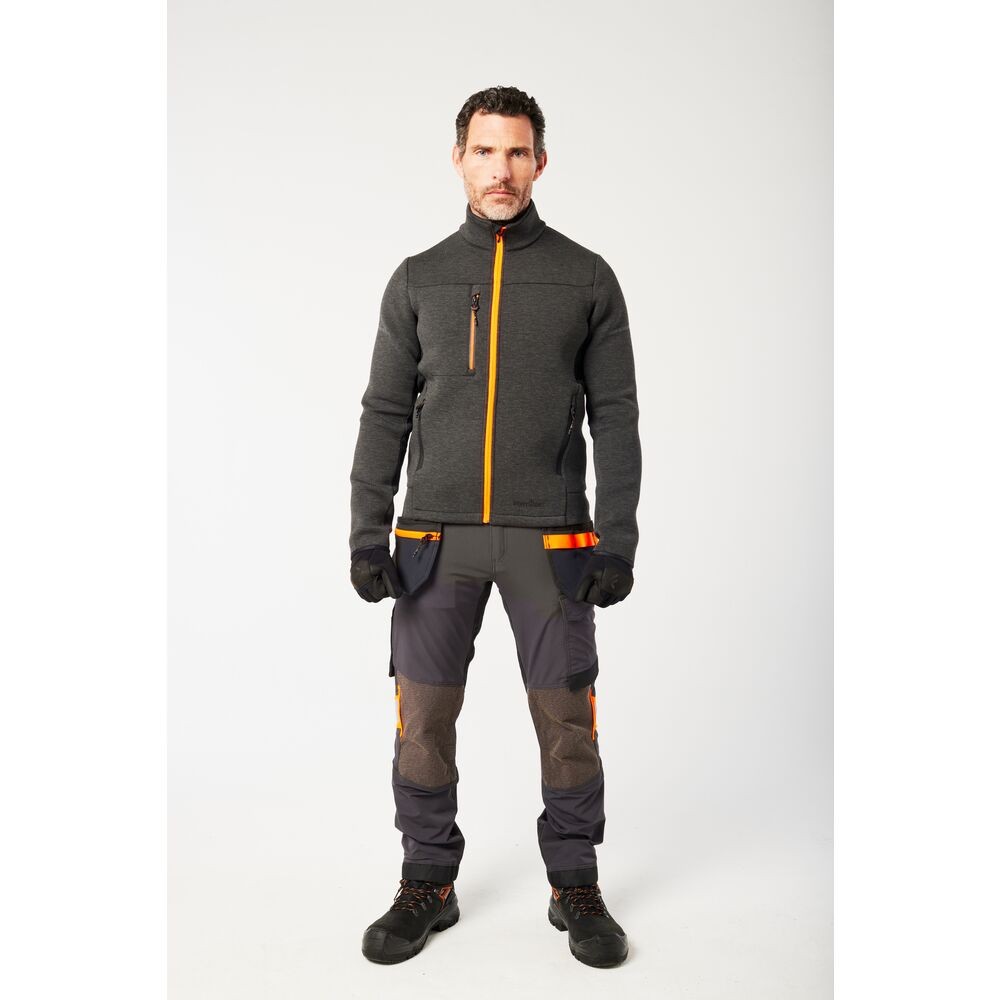 A grey workwear garment designed for use on construction sites and in industrial work environments.,
