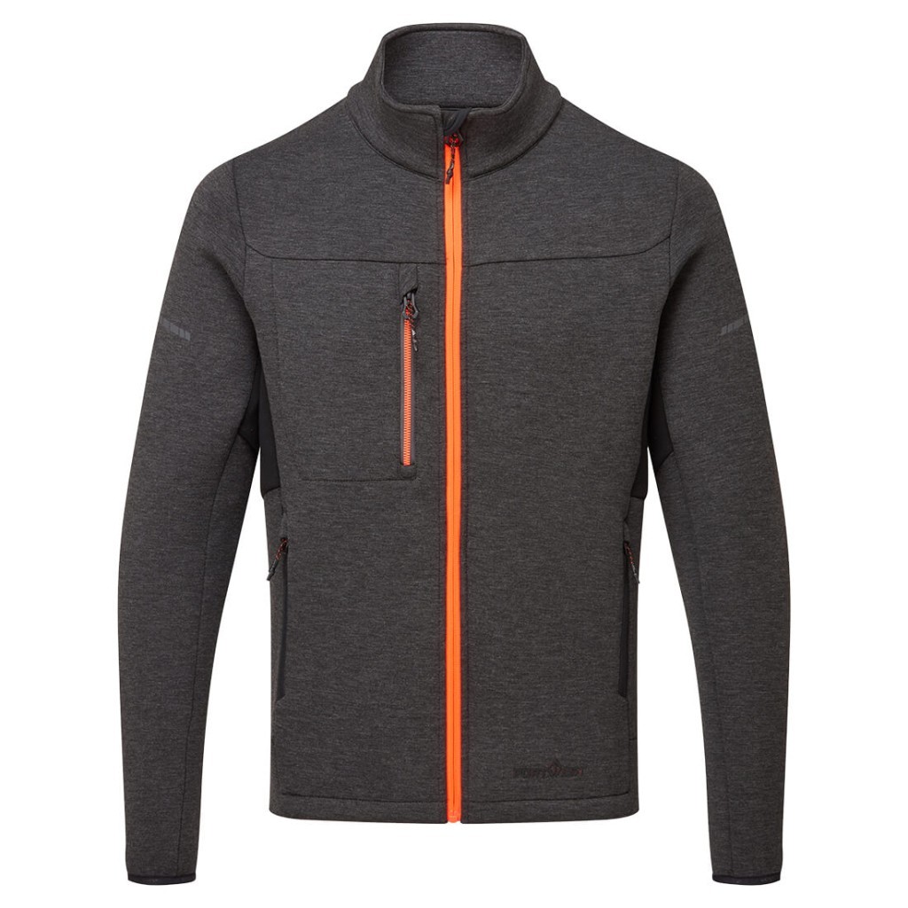 A grey workwear garment designed for use on construction sites and in industrial work environments.,