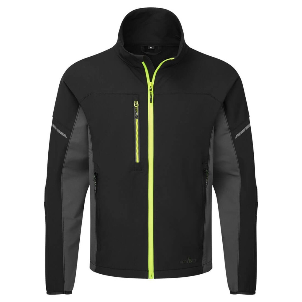 A black jacket featuring stretch panels for ease of movement, suitable for a wide range of outdoor and site work applications.