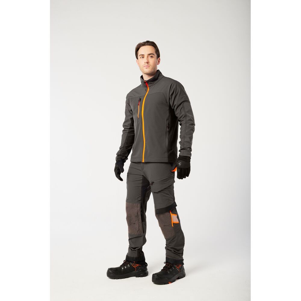 A grey jacket featuring stretch panels for ease of movement, suitable for a wide range of outdoor and site work applications.