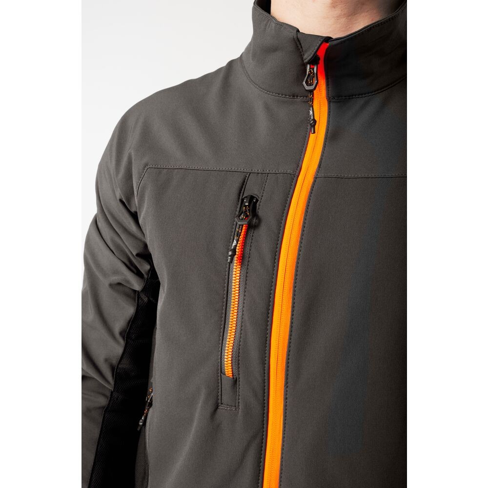 A grey jacket featuring stretch panels for ease of movement, suitable for a wide range of outdoor and site work applications.