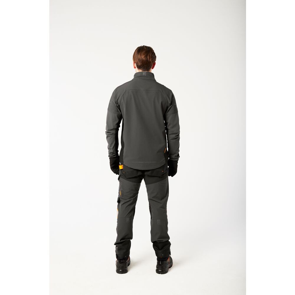 A grey jacket featuring stretch panels for ease of movement, suitable for a wide range of outdoor and site work applications.