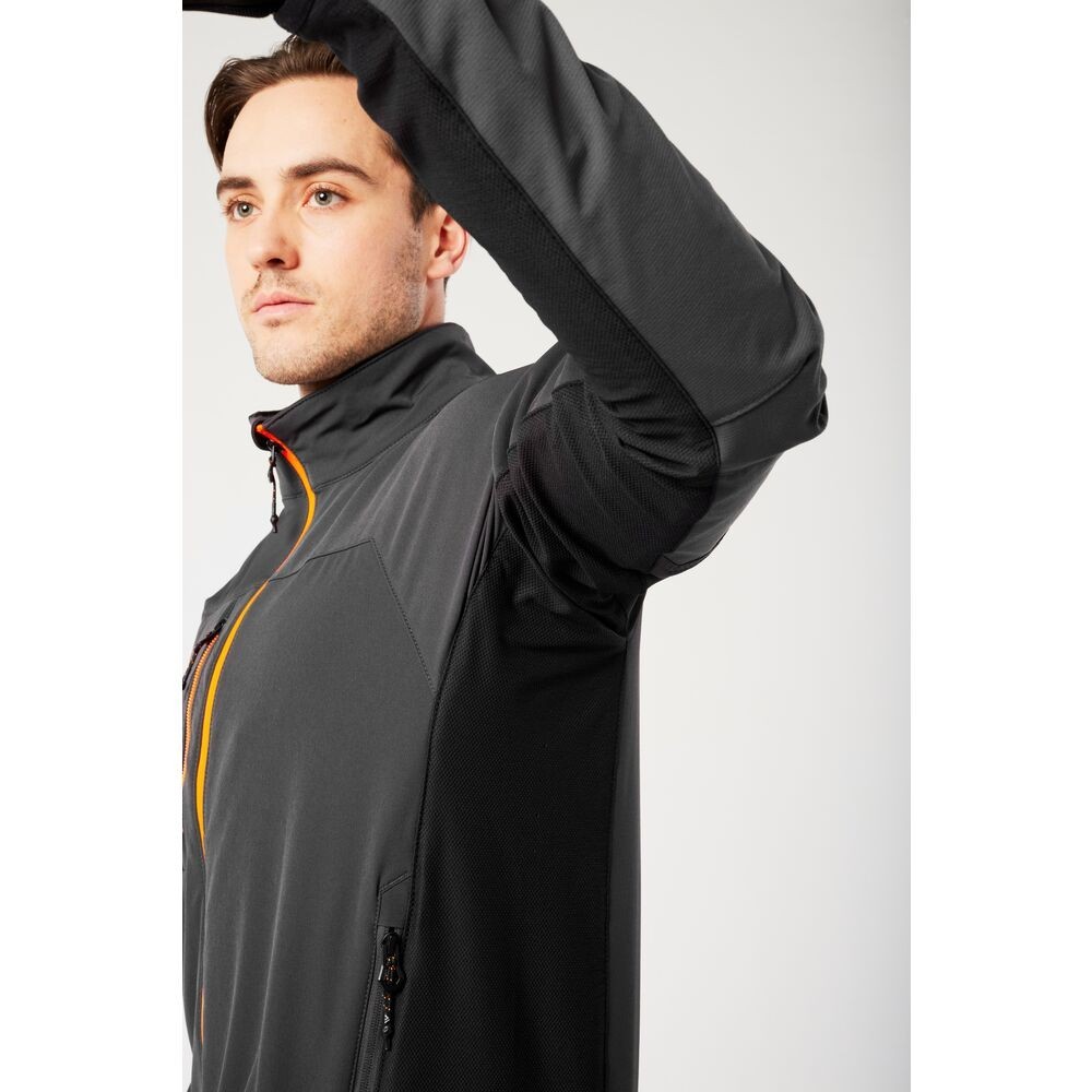 A grey jacket featuring stretch panels for ease of movement, suitable for a wide range of outdoor and site work applications.