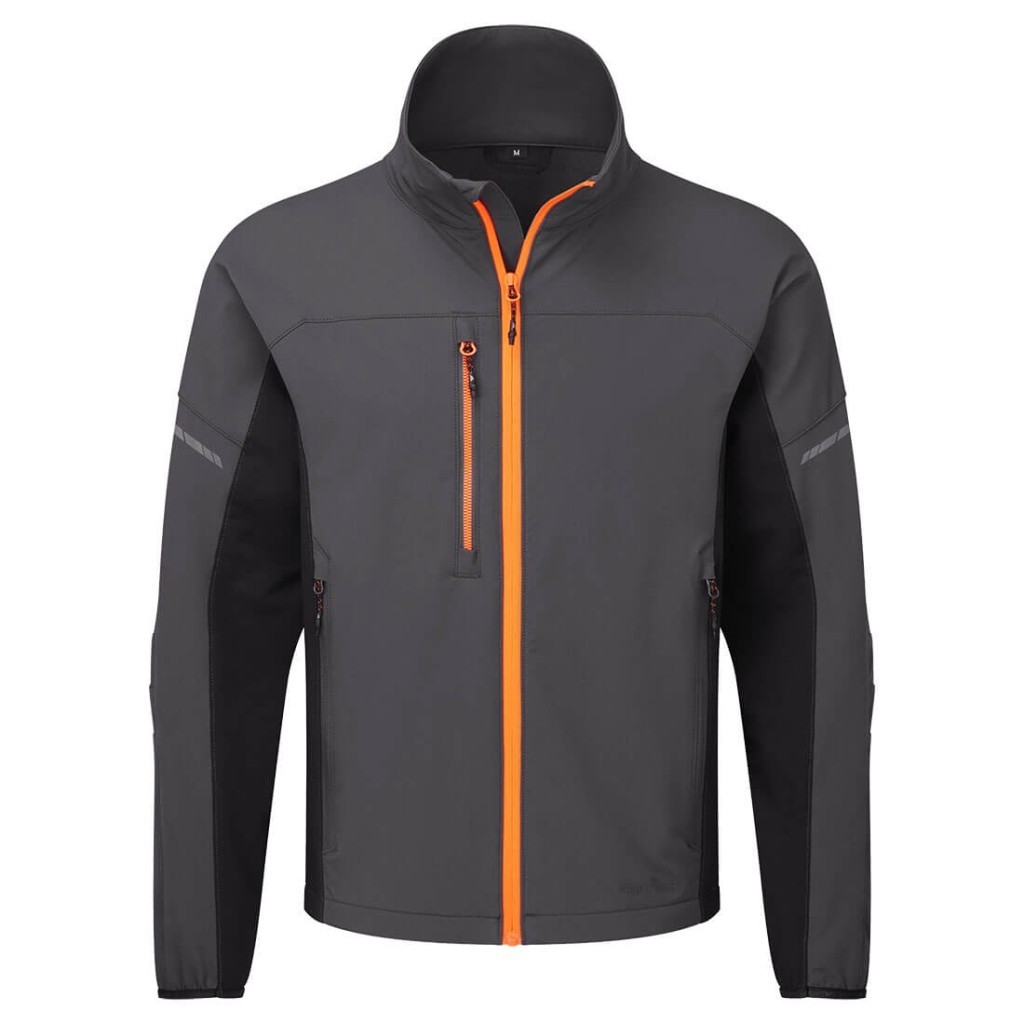 A grey jacket featuring stretch panels for ease of movement, suitable for a wide range of outdoor and site work applications.