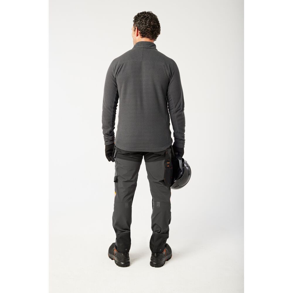 A grey workwear garment designed for use on construction sites and in industrial work environments.,