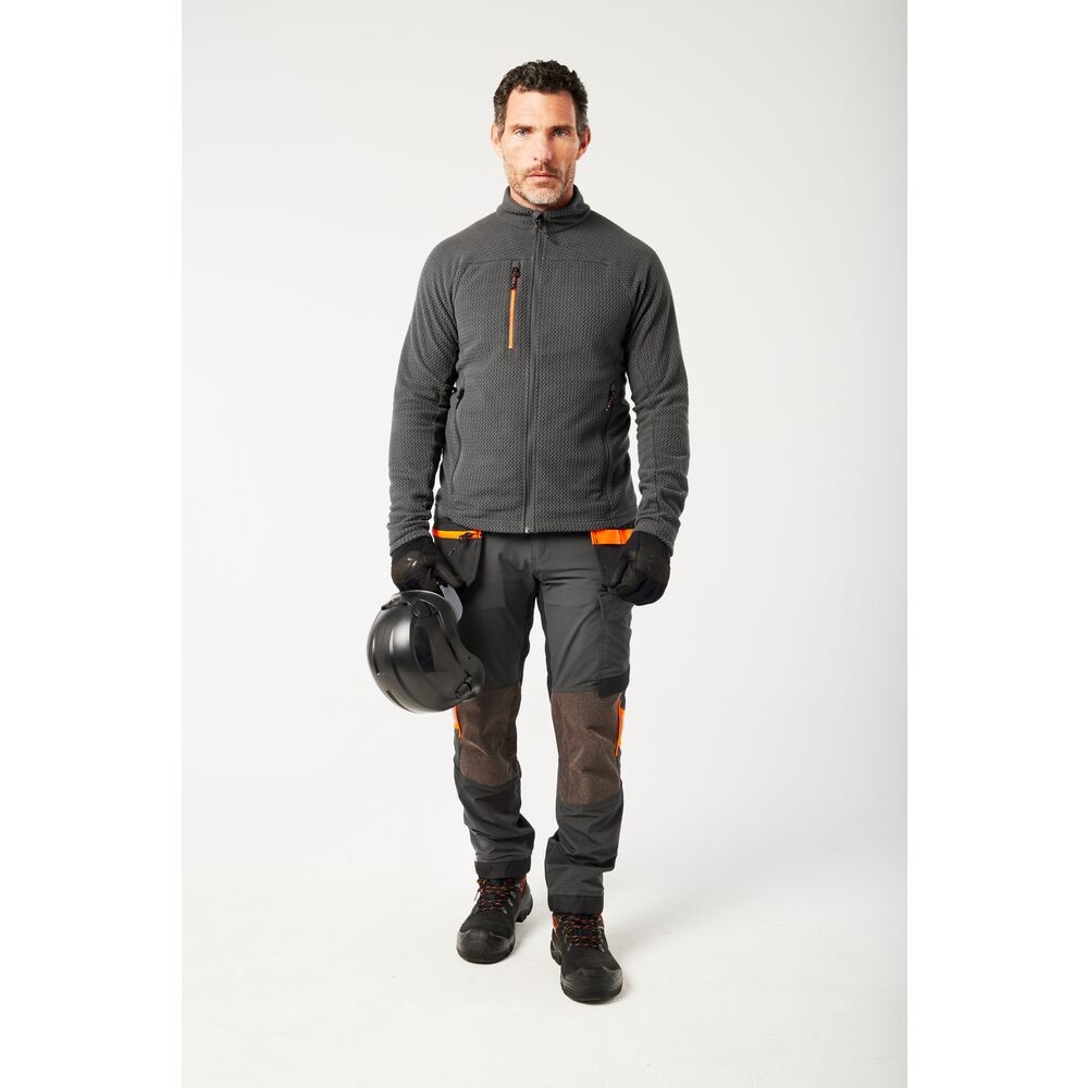 A grey workwear garment designed for use on construction sites and in industrial work environments.,